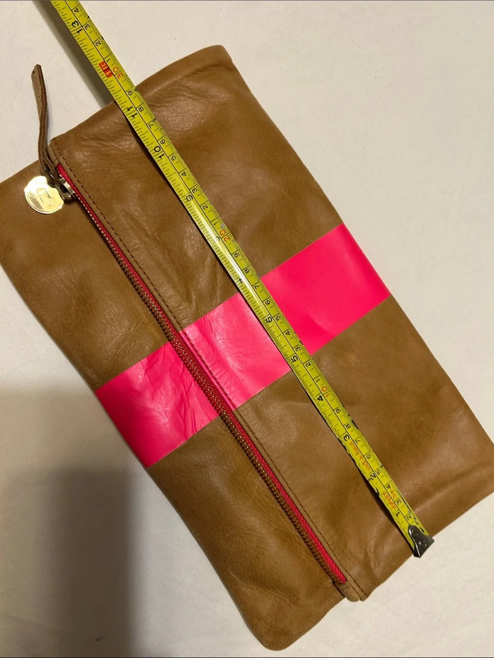 Clare V Brown Leather Fold-Over Clutch with Hot Pink Stripe